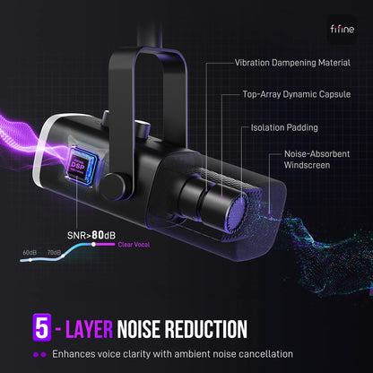 Microfone Dinâmico FIFINE AM8 USB/XLR RGB para Streaming, Podcast e Games