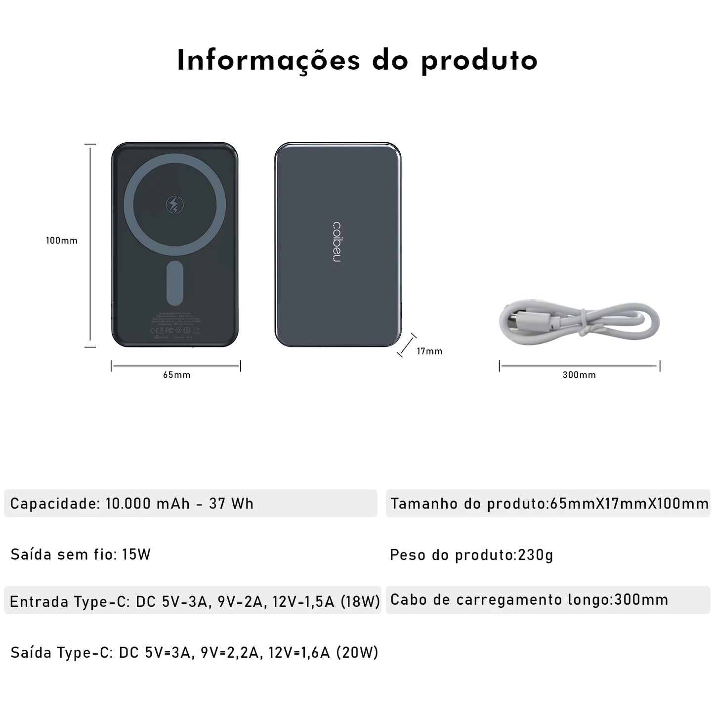 Power Bank Magnético Coibel com Carregamento Sem Fio Portátil