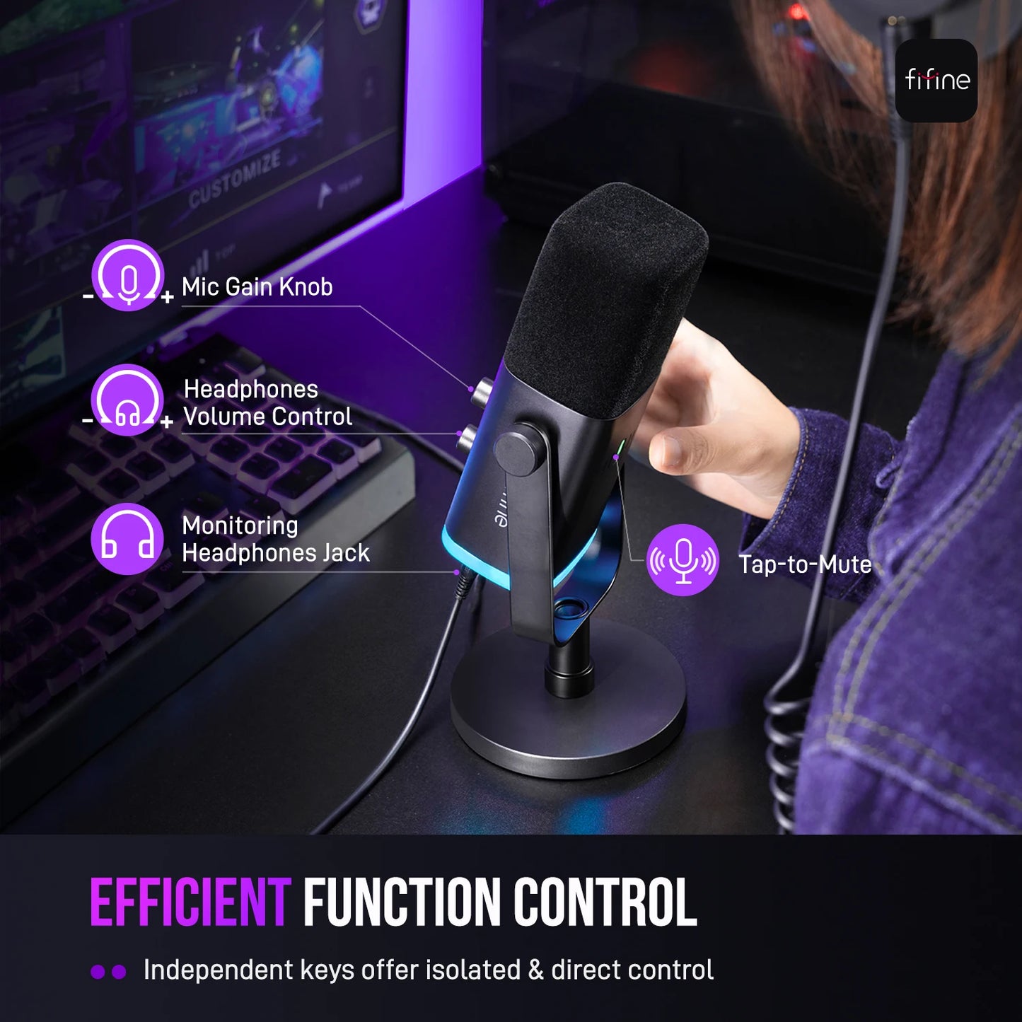 Microfone Dinâmico FIFINE AM8 USB/XLR RGB para Streaming, Podcast e Games
