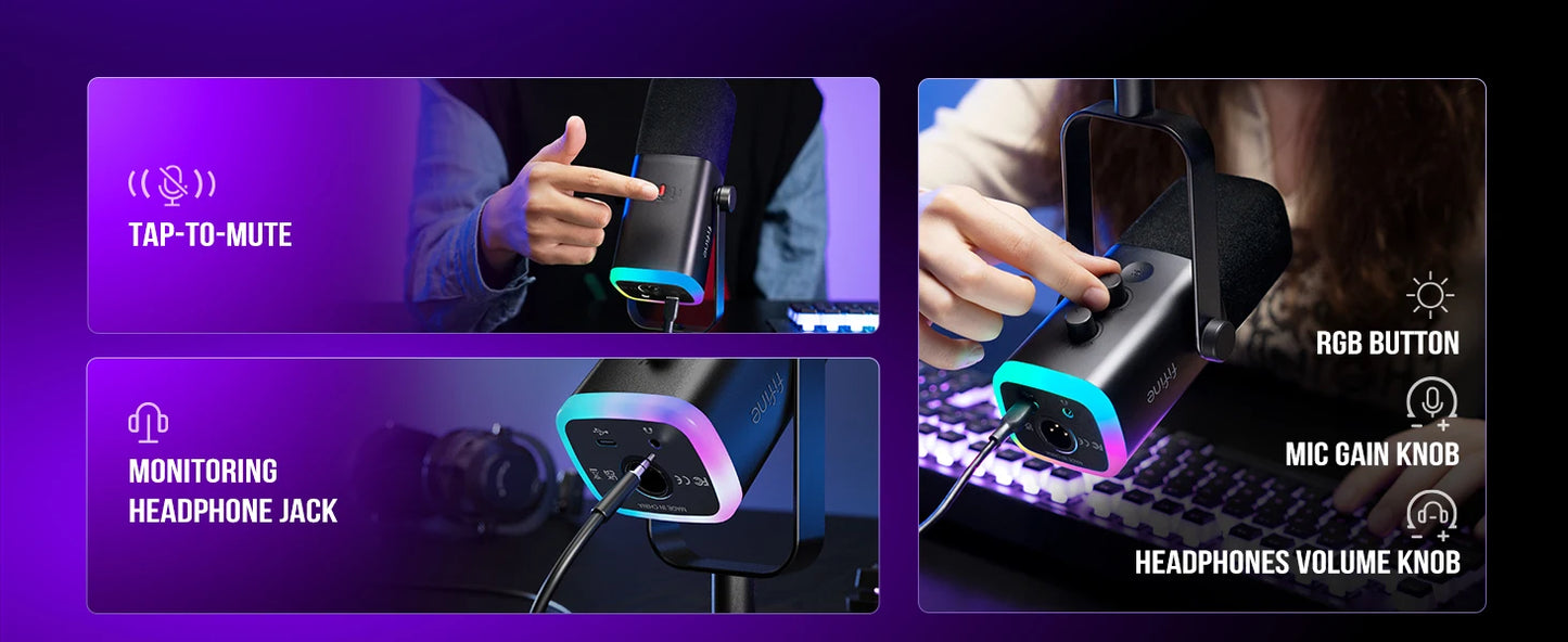 Microfone Dinâmico FIFINE AM8 USB/XLR RGB para Streaming, Podcast e Games
