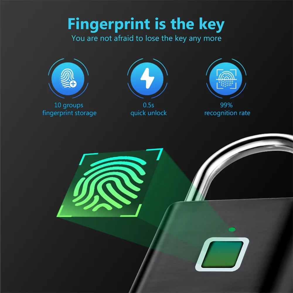 Cadeado Inteligente com Impressão Digital KERUI USB Recarregável à Prova d'Água
