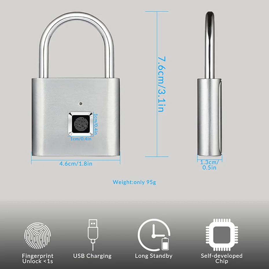 Cadeado Inteligente com Impressão Digital KERUI USB Recarregável à Prova d'Água